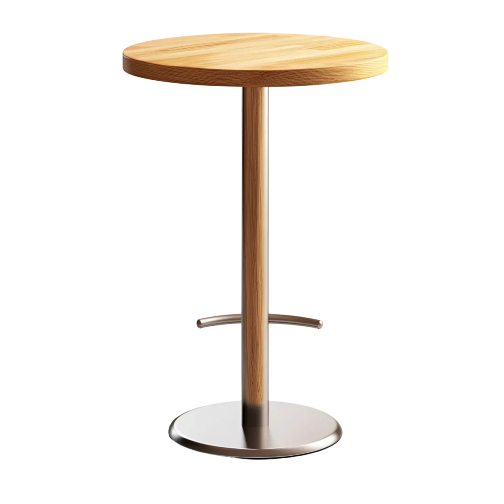 Table mange-debout en bois et métal disponible en location. Idéale pour créer un espace convivial lors de vos événements avec une tireuse à bière.