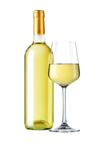 Bouteille de vin blanc et verre servi, parfaits pour accompagner des fruits de mer et des plats raffinés.