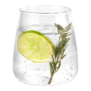 Verre de gin tonic frais avec une tranche de citron vert et une branche de romarin, idéal pour un apéritif rafraîchissant.
